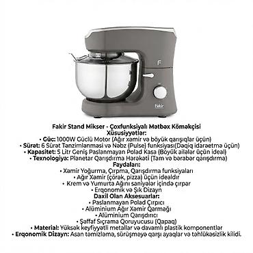 №: 10100 Məhsulun adı: Stasionar mikser Fakir 1000 W 6 sürətli Brend
