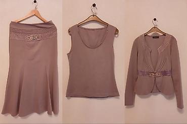 Zərif üçlü qadın dəsti – ətək, mayka və jaket - Rəng: tozlu