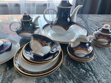 şevralit servis: Çay dəsti, rəng - Göy, Farfor, Weimar, 28 nəfərlik, Almaniya