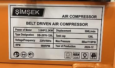Kompressorlar: №: 8927 Məhsulun adı: Hava kompressoru Şimşek DB-2070-120L Brend — 2
