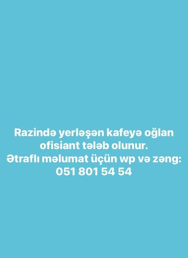 ofis mebeleri: Ofisiant tələb olunur, Kafe, Gündəlik ödəniş, 18-29 yaş, 1-2 illik təcrübə