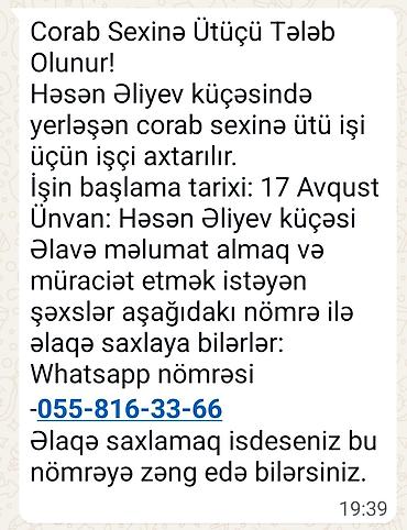 günlük ütü işi: Corab sexinə ütüçü tələb olunur Həsən Əliyev küçəsində yerləşən corab — 2