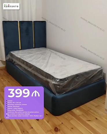 Tək nəfərlik çarpayı – 90×200 sm - Model: başlıqlı, yumşaq parça ilə