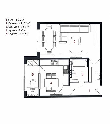 2 комнаты, 48 м², Элитка, 2 этаж, ПСО (под самоотделку)
