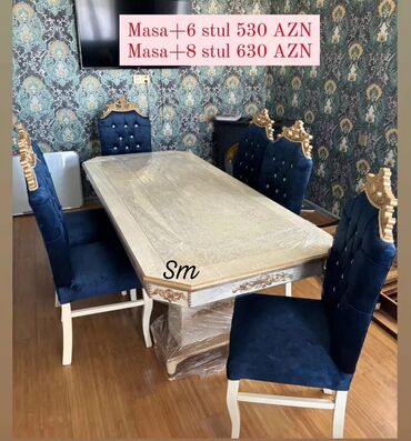 stol stul ucuz qiymete: Для гостиной, Новый, Прямоугольный стол, 6 стульев