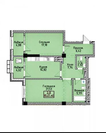 квартира 5 мкр: 2 комнаты, 85 м²
