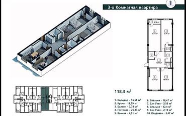 квартиры восток 5: 3 комнаты, 118 м², Восток-5 мкр Элитка, 11 этаж, ПСО (под самоотделку) — 3