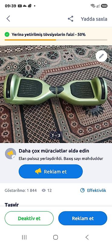 İki təkərli hoverboard (self‑balancing skuter) - Rəng: zeytun-yaşıl -