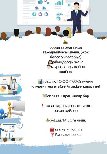 как найти работу в бишкеке для подростков: Требуется Торговый агент, График: Пятидневка, Менее года опыта, Карьерный рост, Полный рабочий день