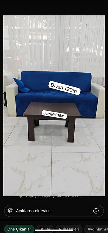 Divan və masa dəstləri: Mavi rəngli 3 nəfərlik divan və qəhvə/jurnal masası dəsti. Divan: - — 1