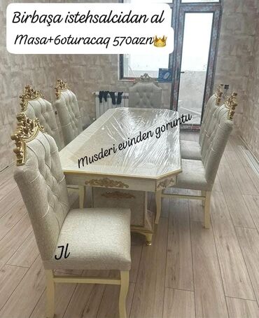 Masalar: Qonaq otağı üçün, Yeni, Dördbucaq masa, 6 stul, Azərbaycan