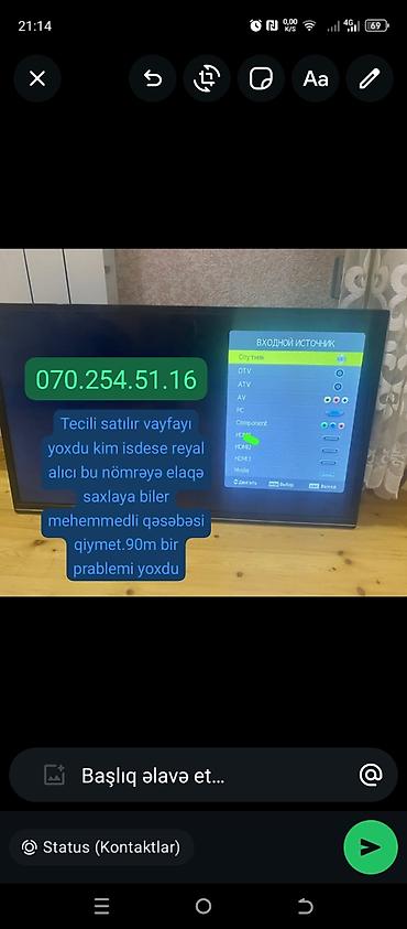 ekran satisi: LED televizor Xüsusiyyətlər: - Ekran: təxminən 32–40 düym LED panel - — 1