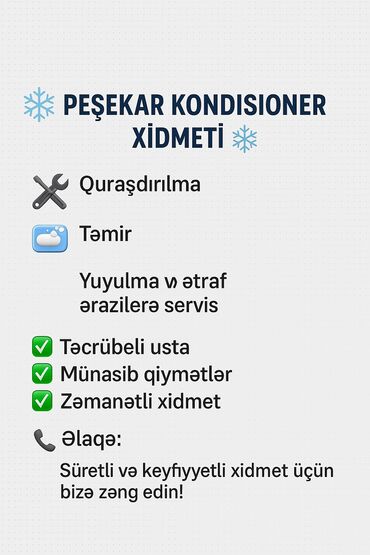 resepsin is elanlari: Kondisioner Ustası Xidməti! Təmir • Quraşdırma • Yuyulma Sürətli
