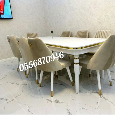 Masa və oturacaq dəstləri: Qonaq otağı üçün, Yeni, Açılmayan, Dördbucaq masa, 6 stul — 7