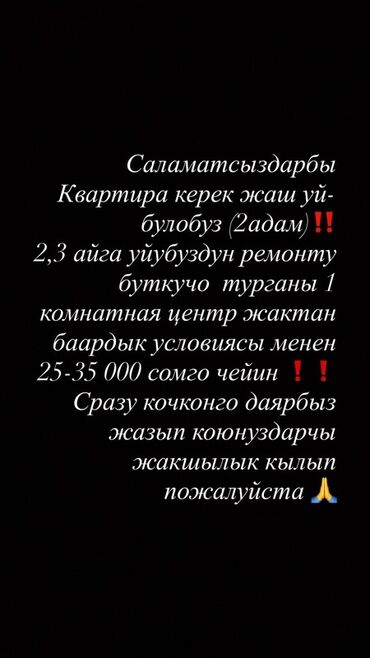 Сниму квартиру: Ищем в аренду: 1‑комнатнаяквартира в центре,центрге жакын болсо да