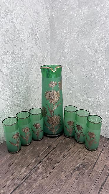 Mətbəx texnikası: 💚 Zərif vintage şüşə qrafin dəsti – 7 hissə 💚 ✨ 1 qrafin + 6 stəkan 🌼 — 1