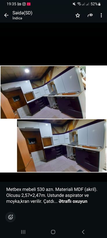 metbex ucun krantlar: Metbex mebeli 530 azn. Materiali MDF (akril). Olcusu 2,57×2,47m