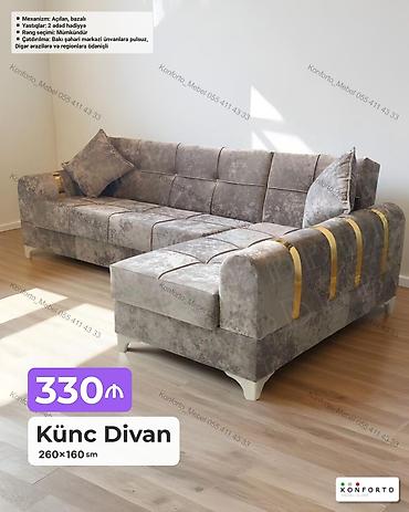 Ev üçün mebel: Künc divan – 260×160 sm - Mexanizm: açılan, bazalı (yataq funksiyası — 1