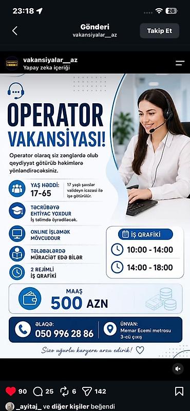 Satış: Çağrı mərkəzi operatoru tələb olunur, Tələbələr, Təcrübəsiz, Aylıq ödəniş — 1