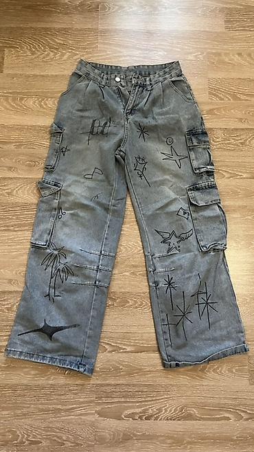 kapşonlu: Unikal dizaynlı boz denim cargo şalvar - Material: sıx toxunuşlu — 1