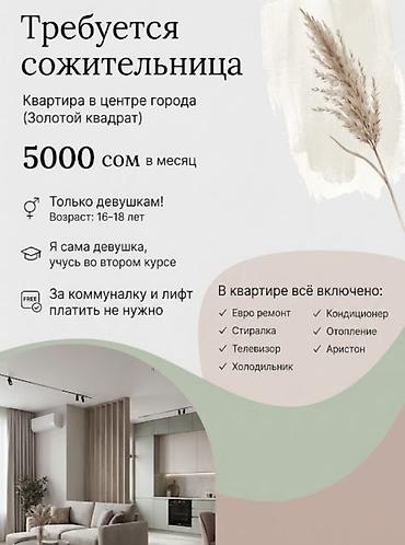 1room flat: Стоимость: 5000 сом в месяц. За коммуналку и лифт платить не нужно.  — 1