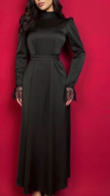атласное черное платье: Күнүмдүк көйнөк, Узун модель, 2XL (EU 44), 3XL (EU 46), 4XL (EU 48)