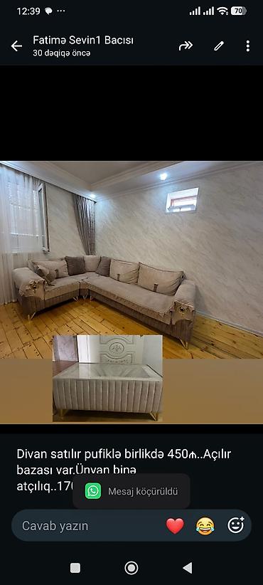 divan pufik: Divan satılır pufiklə birlikdə 450₼. Açılır bazası var.Ünvan binə — 1