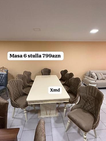 Masa və oturacaq dəstləri: Masa və 6 stul dəsti – Xmd • Komplekt: 1 yemək masası + 6 ədəd stul — 214