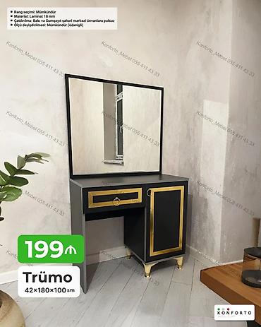 Trümo – 42×180×100 sm - Dizayn: Qara korpus, qızılı haşiyələr və