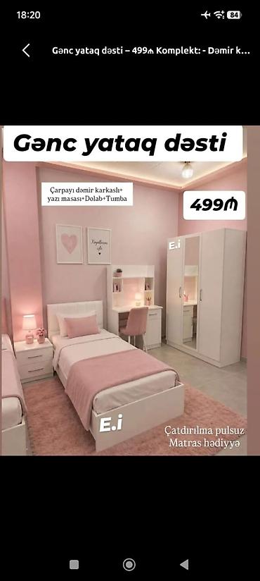 carpayı dəsti: Gənc yataq dəsti – 499₼ Komplekt: - Dəmir karkaslı tək çarpayı - Yazı — 1