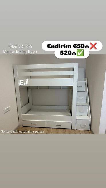 carpayi: Ağ rəngdə iki mərtəbəli uşaq çarpayısı - Ölçü: 90x245 - Komplektə — 1