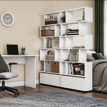 study table: Стеллаж белый многоуровневый с закрытыми тумбами внизу. Назначение: - — 2