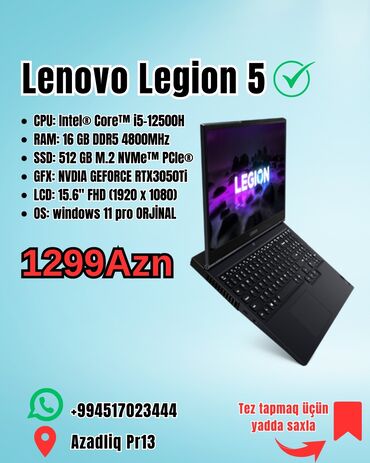 HP: Yeni Lenovo Legion, 15.6 ", Intel Core i5, 512 GB, Pulsuz çatdırılma, Ödənişli çatdırılma, Ünvandan götürmə