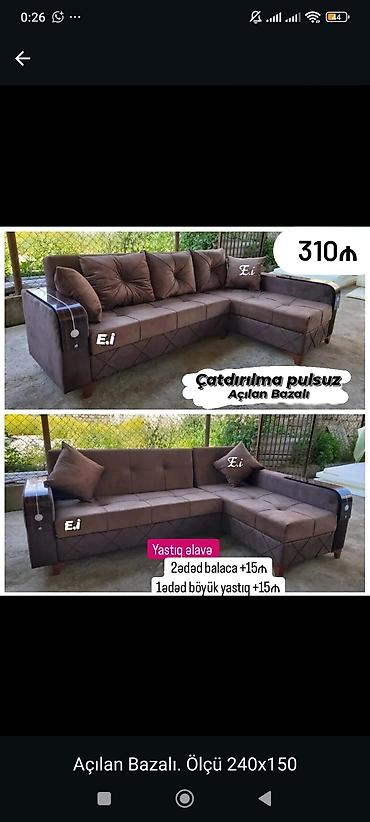 divan balaca: Açılan-bazalı L formalı künc divanı - Ölçü: 240 x 150 sm - Rəng: tünd — 1