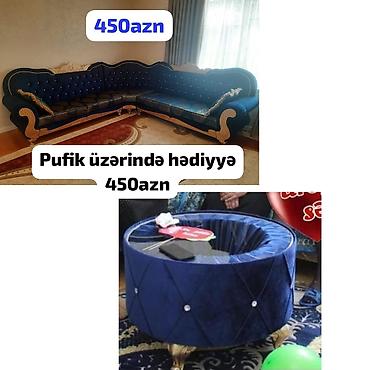 oturaca: Künc divan dəsti – klassik dizayn, mavi məxmər parça, qızılı dekorativ — 1