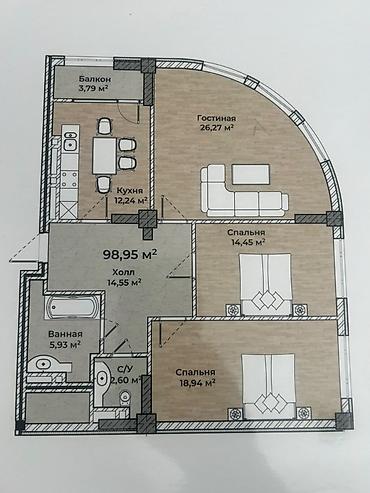 Продажа квартир: 3 комнаты, 99 м², Кок-Жар мкр Элитка, 8 этаж, ПСО (под самоотделку) — 3