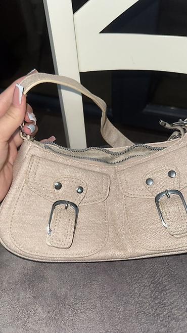 Bej rəngli çiyin/mini baget çanta - Material: toxuma (kətan effekti)