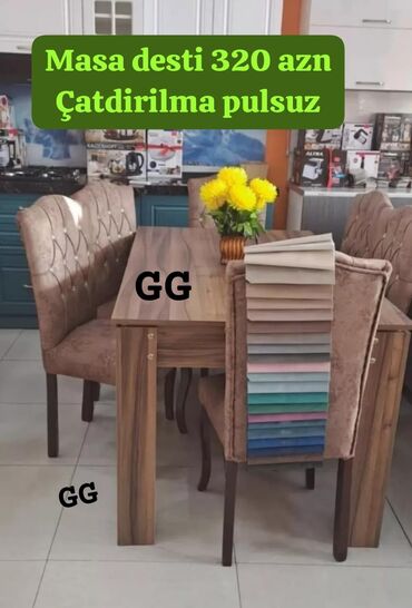 стол и стулья: Mətbəx üçün, Açılmayan, Dördbucaq masa, 6 stul