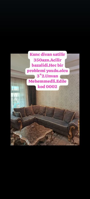 divan işlənmiş: Kunc divan satilir 350azn.Acilir bazalidi.Hec bir problemi yoxdu.olcu