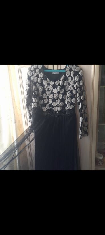 платье черный: Вечернее платье, Длинная модель, С рукавами, 2XL (EU 44)