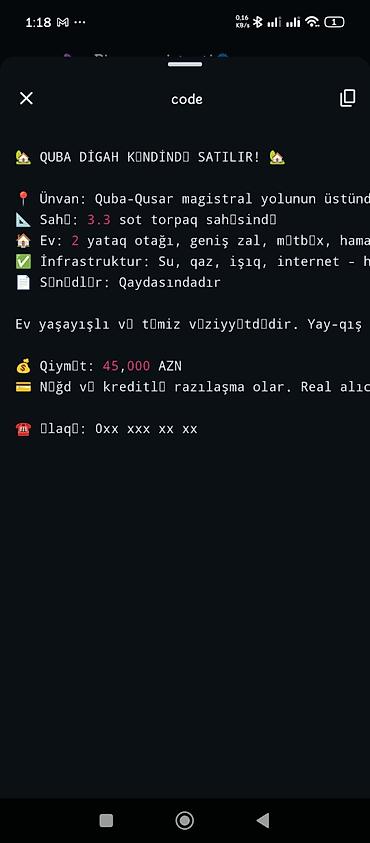 Həyət evləri və villaların satışı: Quba, Dıgah kəndində ev satılır Ünvan: Quba–Qusar magistral yolunun — 1
