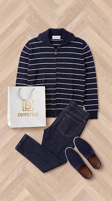 Diffstyle kişilər üçün gündəlik dəst - Zolaqlı kardiqan: Tünd göy