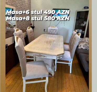 Masa və oturacaq dəstləri: Qonaq otağı üçün, Yeni, Açılmayan, Dördbucaq masa, 6 stul — 3