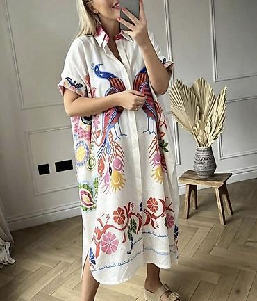 iris: Ženska košulja-haljina duga sa printom ma dugmice. - Model: širok — 2