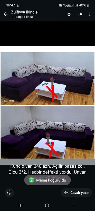 Mətbəx mebeli: Künc divan, İşlənmiş, Açılan, Bazasız, Çatdırılma yoxdur