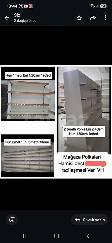 Полочные витрины: Mağaza polkaları – tam dəst • Divar tipi polka: hündürlük 1 m, en — 1