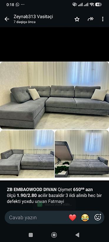 Divanlar: *ZB* *EMBAOWOOD DIVAN* Qiymet *650⁵⁰ azn* ölçü *1.90/2.80* acilir — 1