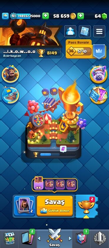 qizil onluq: Clash Royale hesabı - Kral səviyyəsi: 41 - Kubok: 8149 - Qızıl: 58