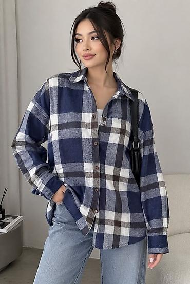 Рубашки: Тёплая клетчатая рубашка-оверсайз в стиле casual. Модель с — 12
