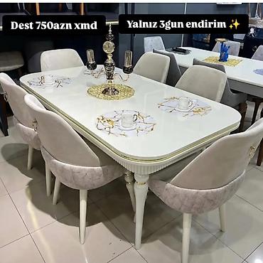 Ev və bağ: Yemək otağı dəsti – masa və 6 stul • Rəng: açıq krem/ağ tonlarında — 1